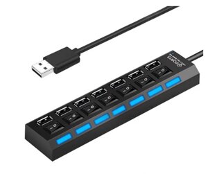Розгалужувач USB на 7 портів, юсб хаб з кнопками LED USB-концентратор чорний