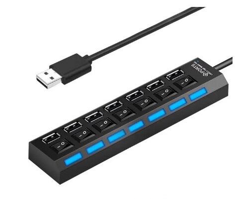 Розгалужувач USB на 7 портів, юсб хаб з кнопками LED USB-концентратор чорний від компанії Магазин "Astoria-gold" - фото 1