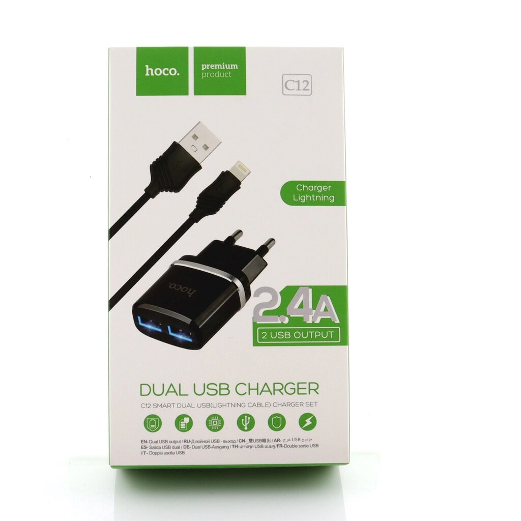 Зарядний пристрій USB адаптер Hoco C12 2 USB-порти 2.4 A з кабелем айфон Чорний від компанії Магазин "Astoria-gold" - фото 1