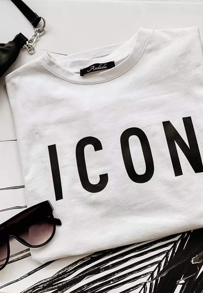 Жіноча футболка з яскравим принтом ICON і рукавом на манжеті, модний одяг з малюнком (чорний, білий, бежевий) від компанії Магазин "Astoria-gold" - фото 1