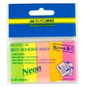 Стікер-закладка Buromax Plastic bookmarks 45x15mm, 5*30шт, rectangles, neon colors (BM. 2331-98)