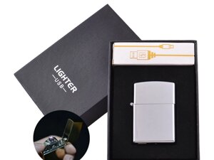 Електроімпульсна запальничка в подарунковій упаковці Lighter Silver (Подвійна блискавка, USB)