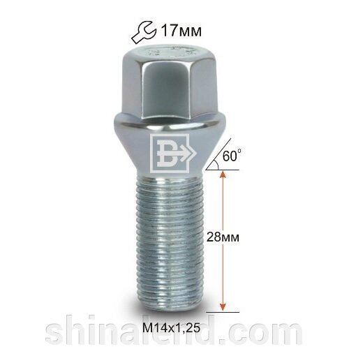 Болти колісні M14x1,25x28; Конус, Цинк, ключ 17, Vector 077110 Z - шт. (BMW (X5-E70, F15; X6-E71, F16); Mini) від компанії ШінаЛенд - Оплата Частинами - фото 1