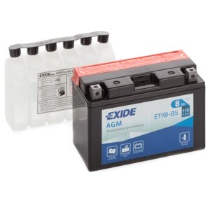 Акумулятори мото Exide ET9B-BS: 8 А · год - 12 V; 110 (ET9B-BS), 150x70x105 мм