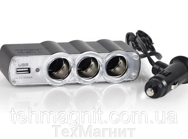 Автомобільний розгалужувач зарядка на 3 прикурювача + USB XK-0120 від компанії ТехМагніт - фото 1