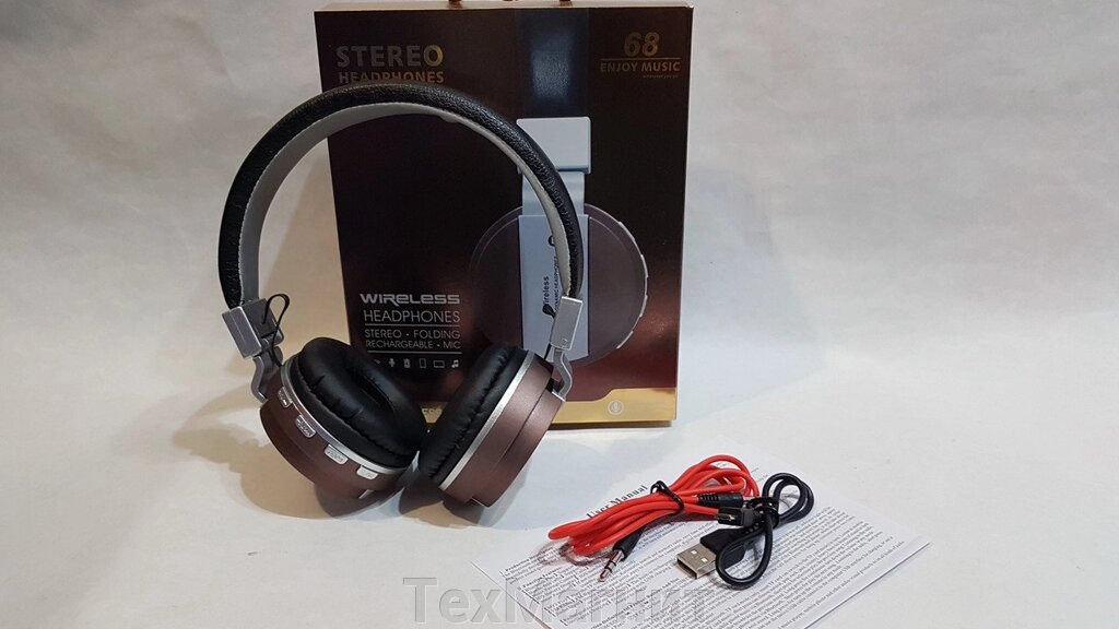 Бездротові навушники Bluetooth стерео гарнітура 68 FM радіо / MP3 Коричневий від компанії ТехМагніт - фото 1
