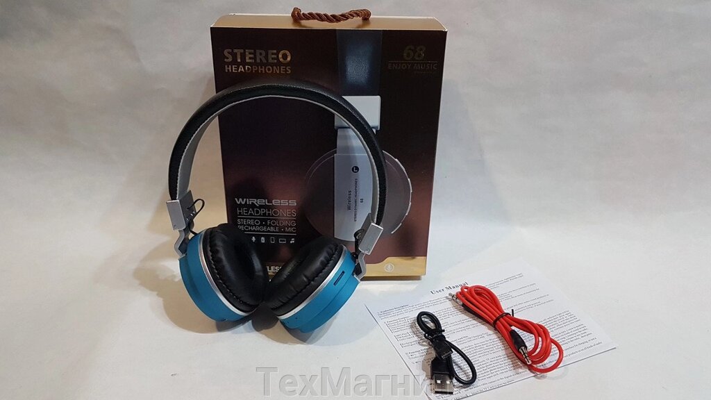 Бездротові навушники Bluetooth стерео гарнітура 68 FM радіо / MP3 Синій від компанії ТехМагніт - фото 1