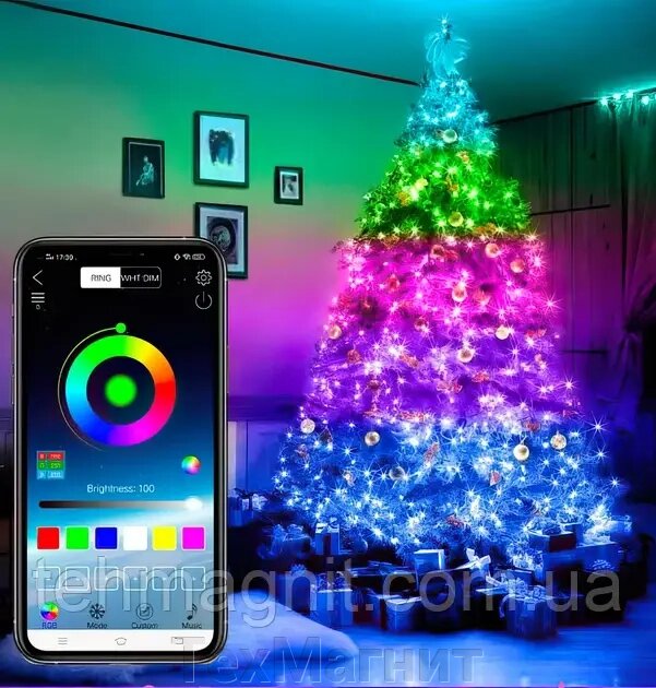 Гірлянда Smart роса RGB, з пультом керування, 10 м, 100 Led, USB, Bluetooth, керування по телефону від компанії ТехМагніт - фото 1