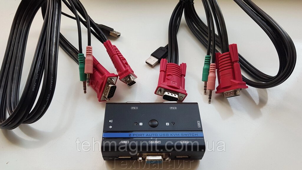 Комутатор 2-портовий KVM свіч, 2 кабелю USB KVM - автоматичний перемикач з підтримкою аудіосистемою - ТехМагніт