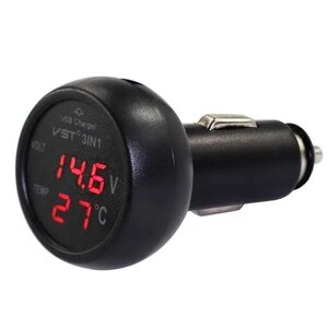 Автомобільний вольтметр з термометром + USB зарядка VST 706 від прикурювача Black/Red (10698)