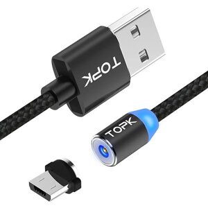 Магнітний кабель для зарядки Topk Led AM23 USB 2.4 A Micro-USB (Black, 1 м) Зарядний шнур для телефону