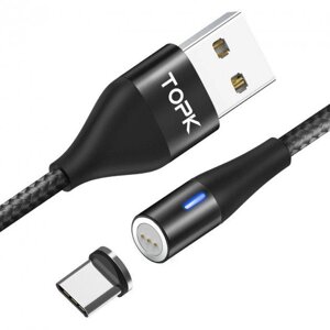 Магнітний кабель для зарядки Topk Led AM23 USB 2.4 A Type-C (Black, 2 м) Зарядний шнур для телефону