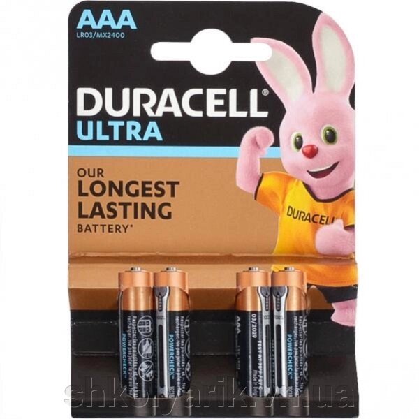 Батарейка Duracell Ultra LR-03 ААА по 4 штуки від компанії Оптово-роздрібний магазин канцтоварів «ШКОЛЯРИК» - фото 1