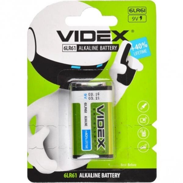 Батарейка Videx Alkaline 6LR61 (крона) від компанії Оптово-роздрібний магазин канцтоварів «ШКОЛЯРИК» - фото 1