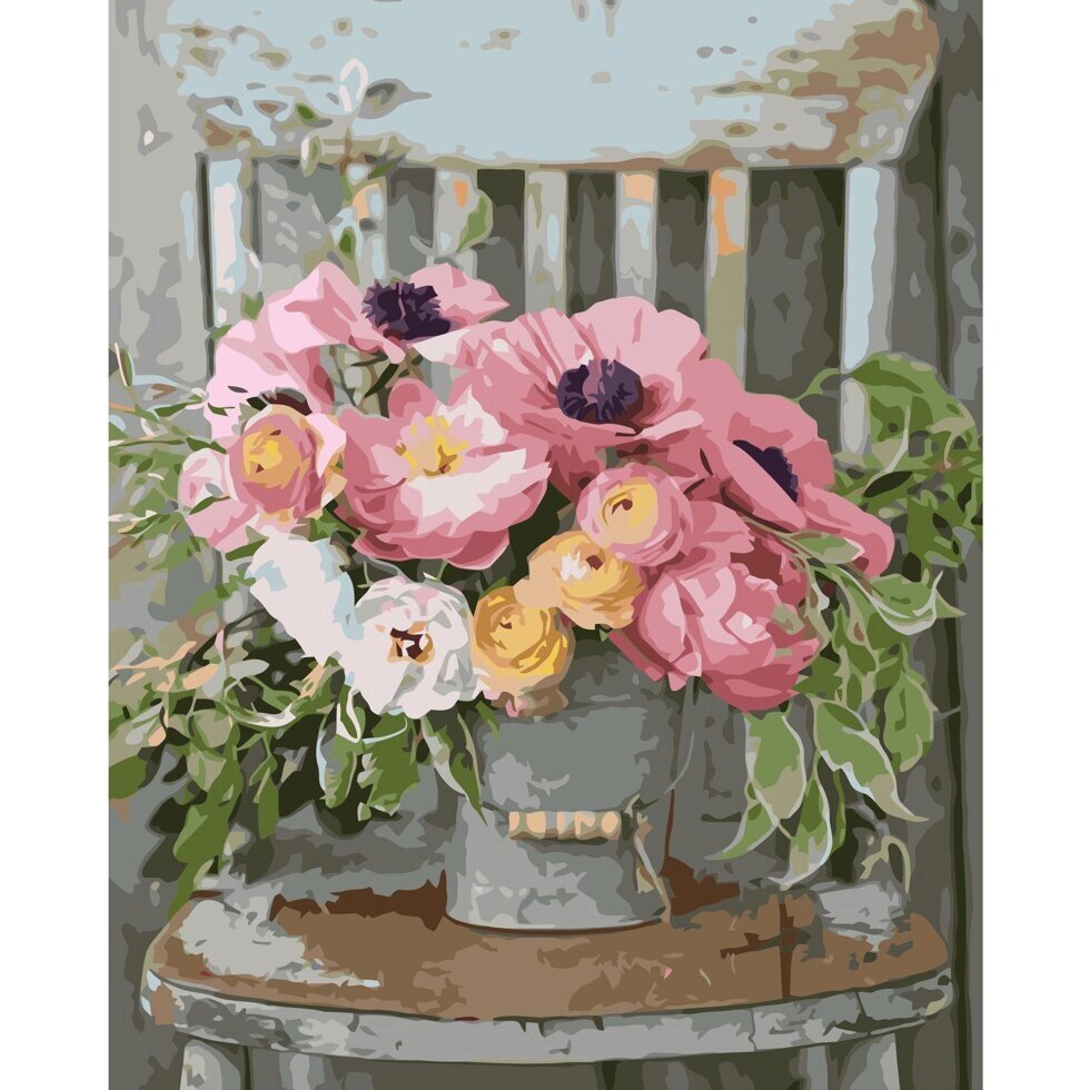 Картина за номерами Strateg, Букет квітів на стільчику 40х50 см від компанії Оптово-роздрібний магазин канцтоварів «ШКОЛЯРИК» - фото 1