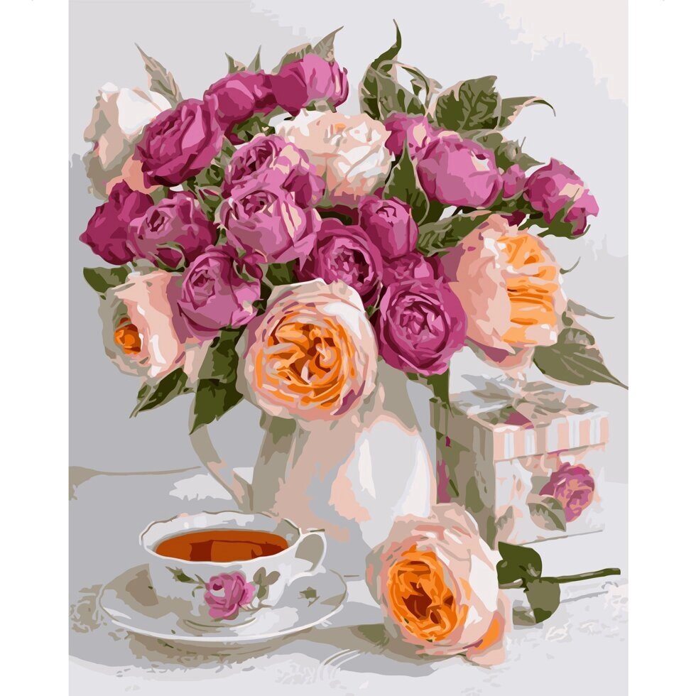 Картина за номерами Strateg Букет троянд і чашка чаю, 40х50 см від компанії Оптово-роздрібний магазин канцтоварів «ШКОЛЯРИК» - фото 1