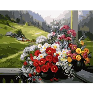 Картина за номерами Strateg Букет квітів на тлі галявини, 40х50 см
