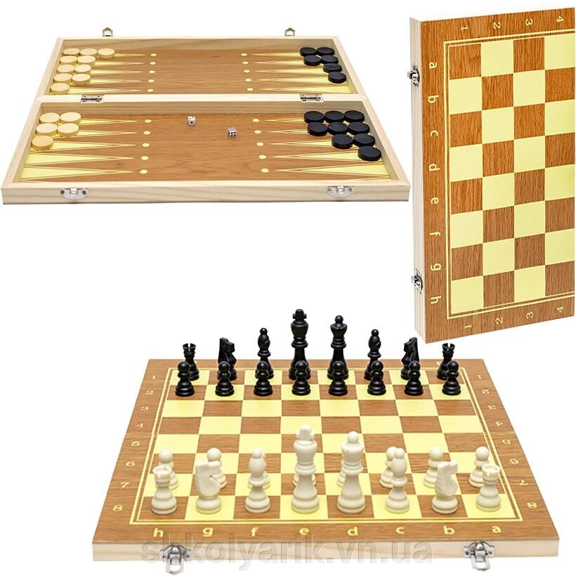Шахи дерев'яні 3 в 1, 40см 624А від компанії Оптово-роздрібний магазин канцтоварів «ШКОЛЯРИК» - фото 1