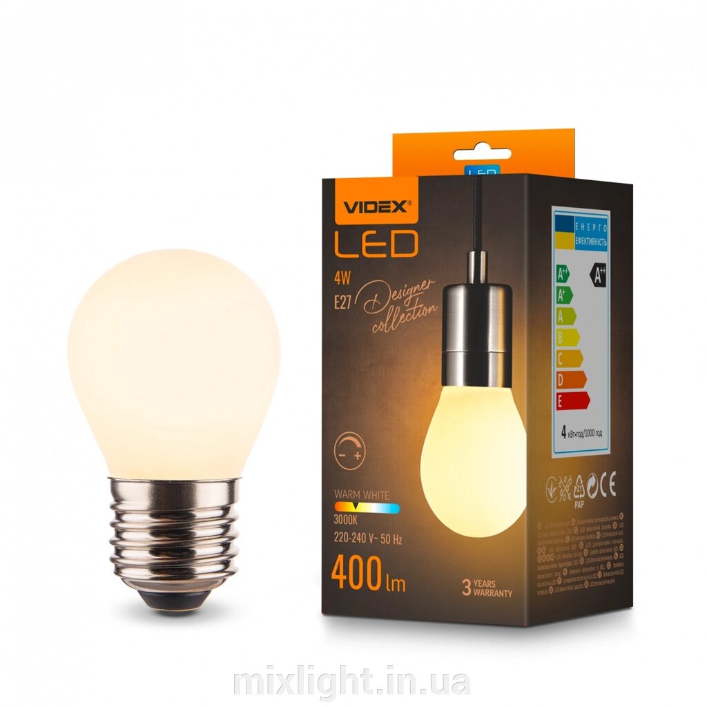 Лампа світлодіодна G45 кулька 4W E27 3000K димована Porcelain dimmable VIDEX Filament VL-DG45MO від компанії Mixlight - фото 1