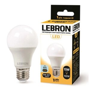 LED лампа 15W lebron L-A60 е27 6500K 1350lm кут 240 °