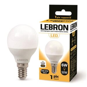 LED лампа 6W кулька Lebron L-G45 Е14 4100K 480Lm кут 220 °