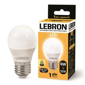 LED лампа 6W кулька Lebron L-G45 Е27 3000K 480Lm кут 220°