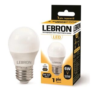 LED лампа 6W куля Lebron L-G45 Е27 4100K 480Lm кут 220 °