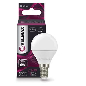 LED лампа 6W кулька Velmax V-G45 E14 4100K 540Lm кут 220 °