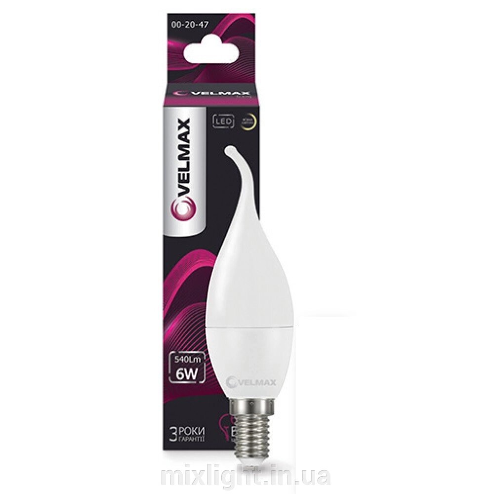 LED лампа 6W свічка на вітрі Velmax V-C37t E14 3000K 540Lm кут 260 ° від компанії Mixlight - фото 1