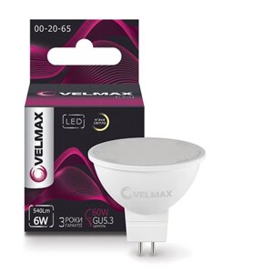 LED лампа 6W velmax V-MR16 GU5,3 3000K 540lm кут 120 °