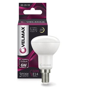 LED лампа 6W velmax V-R50 E14 3000K 510lm кут 120 °