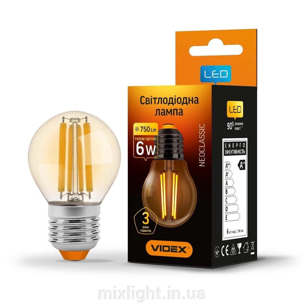 LED лампа кулька G45FA 6W E27 2200K VIDEX філамент едісона VL-G45FA-06272 від компанії Mixlight - фото 1