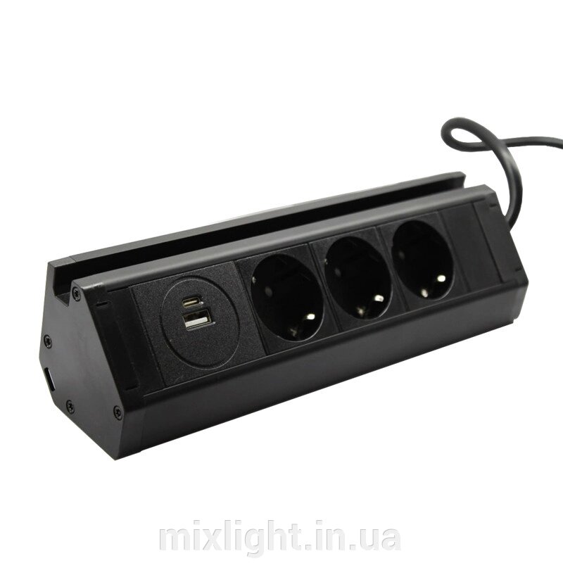 Меблева розетка кухонна (горизонтальна) 3 x 16 А, USB A+C 3,4 А, метал + дріт 3 x 1.5 mm2 від компанії Mixlight - фото 1