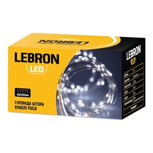 Світлодіодна гірлянда новорічна LEBRON штора 3х2м, краплі роси, 200 LED, біла, USB, пульт ДК, IP20