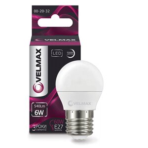 LED лампа 6W куля Velmax V-G45 E27 4100K 540Lm кут 220 °