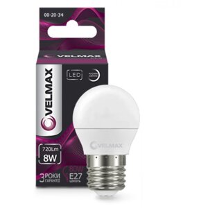 LED лампа 8W кулька VELMAX V-G45 Е27 4100K 720Lm кут 240° EMC