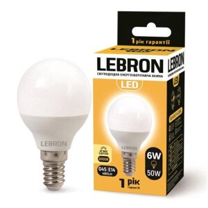 LED лампа 6W кулька Lebron L-G45 Е14 3000K 480Lm кут 220 °