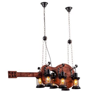 Підвісна дерев'яна люстра у формі гітари на шість плафонів-ліхтариків під лампи з цоколем Е27 Sirius H692-6