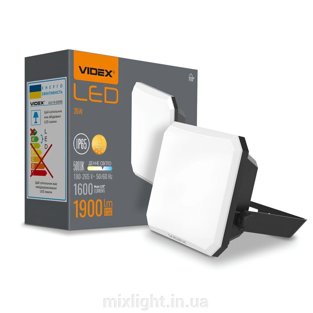 Прожектор світлодіодний LED 20W 5000K 220V вологозахищений IP65 Black VIDEX F3 від компанії Mixlight - фото 1