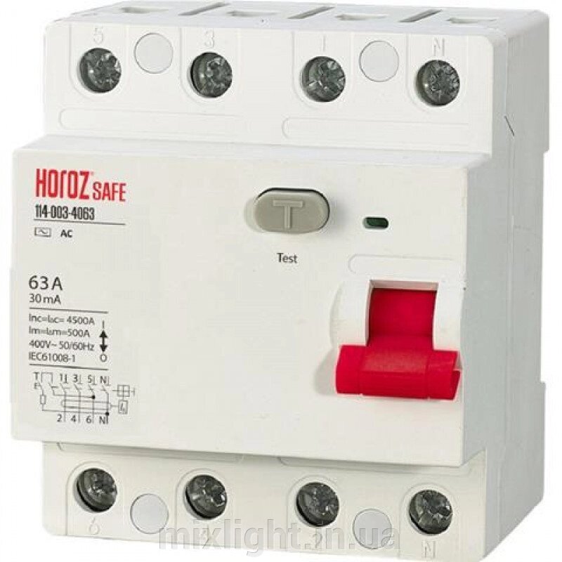 ПЗВ (пристрій захисного відключення) 4Р 63А 30mA 230V Safe Horoz Electric 114-003-4063-010 від компанії Mixlight - фото 1