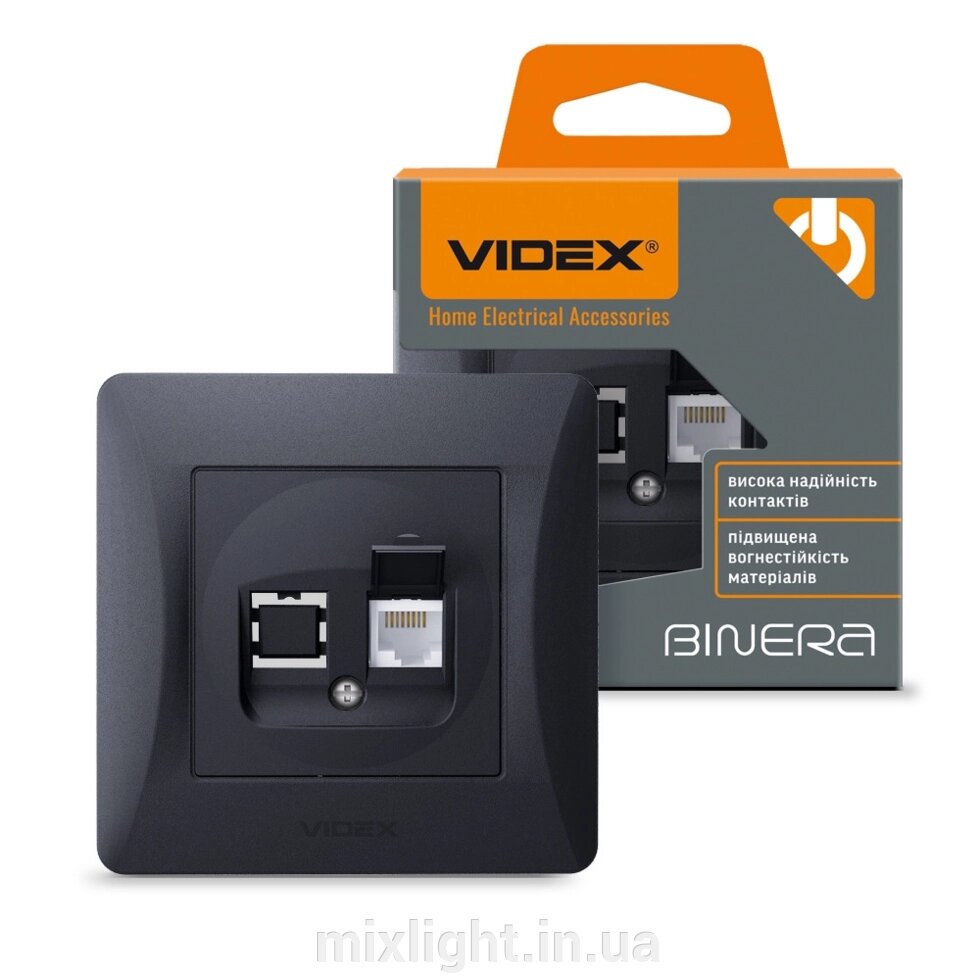 Розетка CAT6 одинарна комп'ютерна VIDEX BINERA чорний графіт VF-BNSK1PC6-BG від компанії Mixlight - фото 1