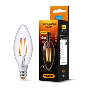 Світлодіодна філаментна LED лампа C37F 4W свічка E14 3000K VIDEX Filament