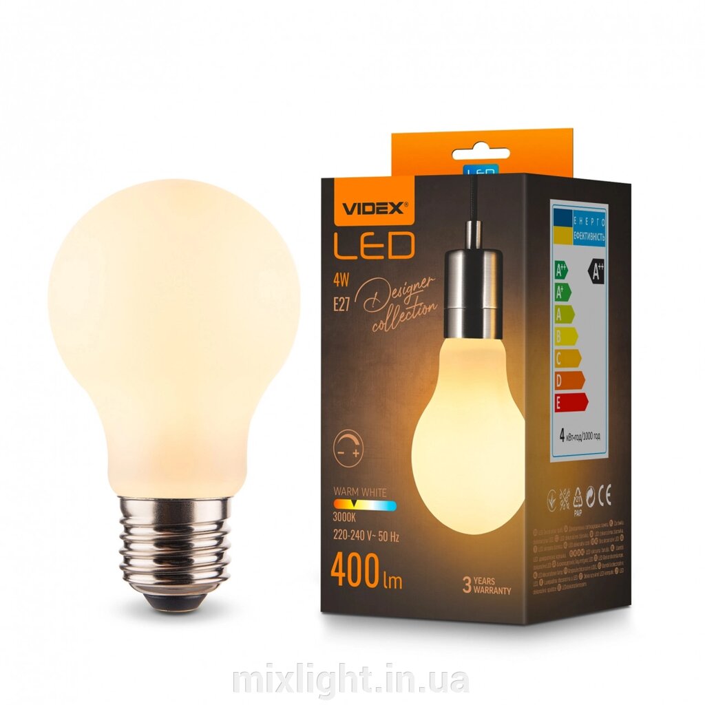 Світлодіодна лампа LED груша 4W E27 А60 А60 3000K димована Porcelain dimmable VIDEX Filament VL-DA60MO від компанії Mixlight - фото 1