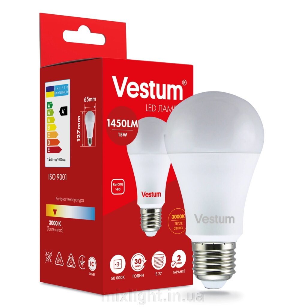 Світлодіодна лампа Vestum A65 15W 3000K 220V E27 1-VS-1102 від компанії Mixlight - фото 1