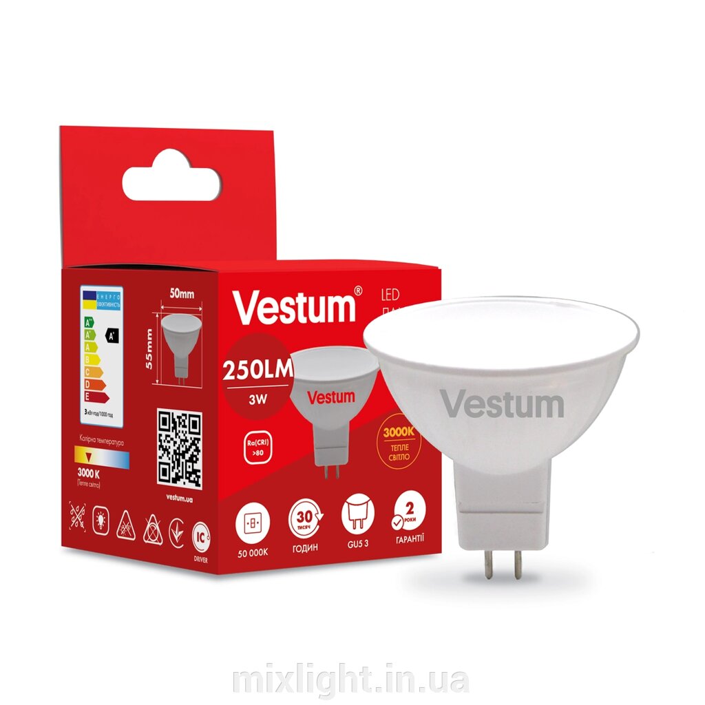 Світлодіодна лампа Vestum MR16 3W 3000K 220V GU5.3 1-VS-1502 від компанії Mixlight - фото 1