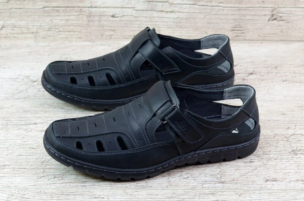 Чоловічі шкіряні літні відкриті туфлі Mans Style на липучці прошиті чорні від компанії Магазин Смарт-Тайм - фото 1