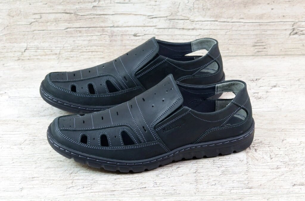 Чоловічі шкіряні літні відкриті туфлі Mans Style на резинці прошиті чорні від компанії Магазин Смарт-Тайм - фото 1