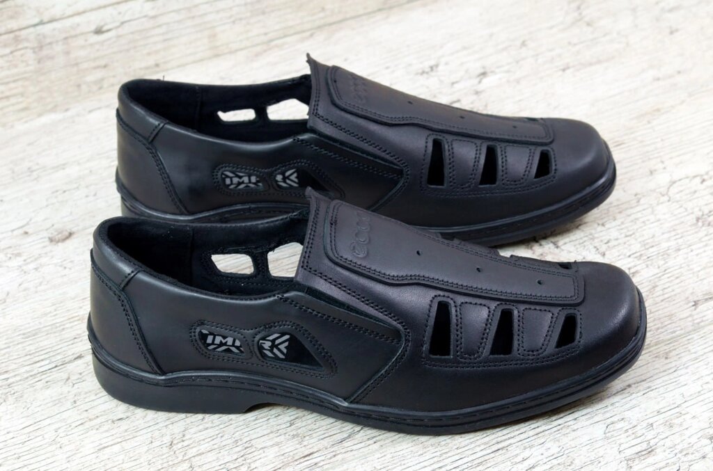 Чоловічі шкіряні відкриті літні туфлі E-Series 29 на резинці чорні прошиті від компанії Магазин Смарт-Тайм - фото 1