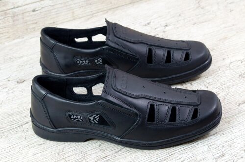 Чоловічі шкіряні відкриті літні туфлі E-Series 29 на резинці чорні прошиті