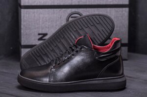 Чоловічі зимові шкіряні черевики ZG 193 Black Red Premium чорні
